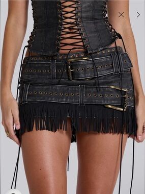 Jaded London Grey Faux-Leather Belted Mini Skirt with Fringe